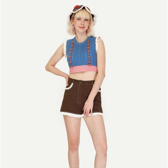 Cider Knit Multi Color Vest with Pom Poms. Sleeveless Sweater Vest L Preppy NWT - Picture 1 of 10